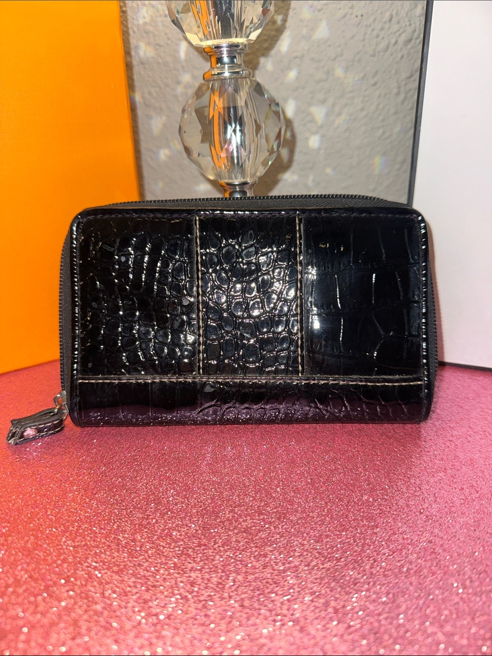 Black Croc-Embossed Zip Wallet